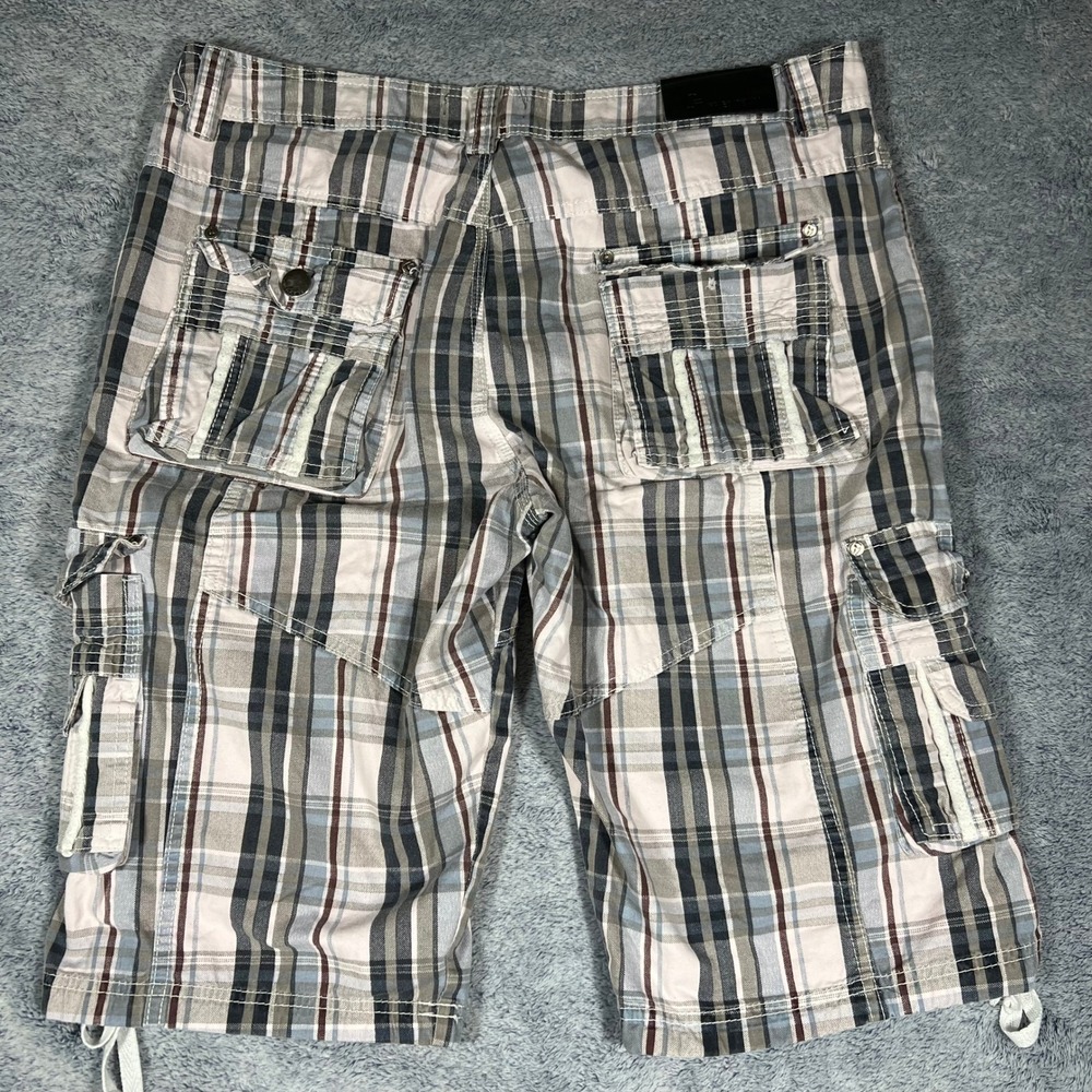 Fried Denim Mens Plaid Cargo Shorts Blue Grey‎ White Cotton 34 Utility G-Unit - Picture 9 of 16